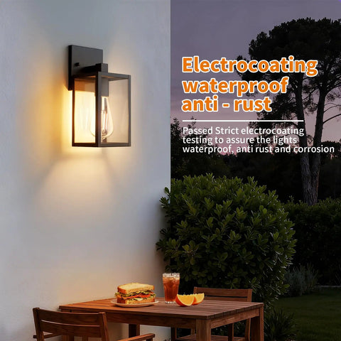All Season Black Wall Sconces Built Tough To Beat The Elements With Heavy Duty Aluminum And Rainproof Glass E26 Socket Waterproof Exterior Lights For Porches Driveways And Garages Two Pack Set, wall-mounted fixture with glass shade.