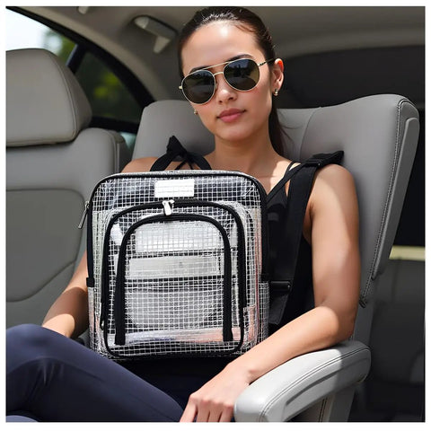Super Heavy Duty ESD Safe Tactical Tool Backpack With Waterproof PVC Mesh Dividers And Clear Organizer Pouches being held by a woman in sunglasses.