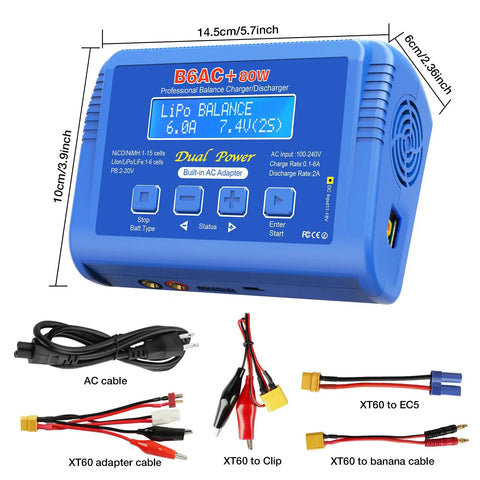 Fast Balance RC Battery Charger 80W 6A Beefy Smart Digital Discharger for 1S to 6S LiPo Life Liion NiMH NiCD Pb with accessories