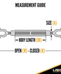 Measurement guide for Heavy Duty Hot Dip Galvanized Jaw Jaw Turnbuckle 1 1/4 X 24 Inch 15200 Lbs Working Load Limit.