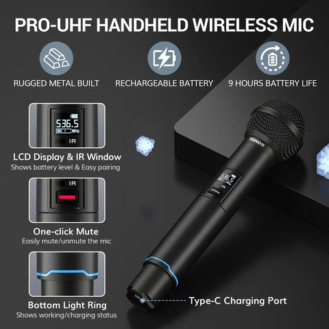 Rechargeable Wireless Microphone System With Dual Metal Handheld Mics And Box Receiver, 2x100 UHF Pro with LCD display