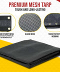 Beefy 7 Ft By 18 Ft Vinyl Coated Mesh Dump Truck Tarp showcasing black mesh, brass grommets, and reinforced hems for jobsite use