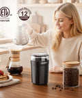 One Touch Coffee Grinder With Stainless Steel Blades; woman brewing coffee with fresh beans in kitchen