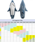 Front and back view of Cozy Shark Blanket Hoodie For Adults Wearable Sleeping Bag with size suggestion table underneath