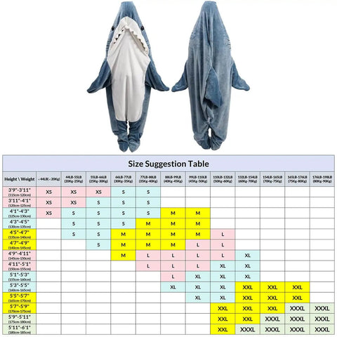 Front and back view of Cozy Shark Blanket Hoodie For Adults Wearable Sleeping Bag with size suggestion table underneath