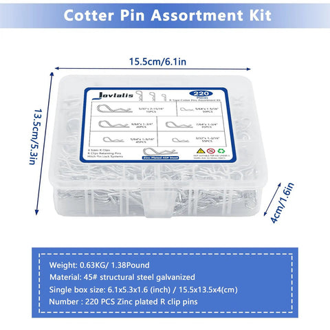 Heavy Duty Zinc Plated R Clips And Cotter Pins Kit, 220 Piece Spring Fastener Assortment in plastic case with dimensions
