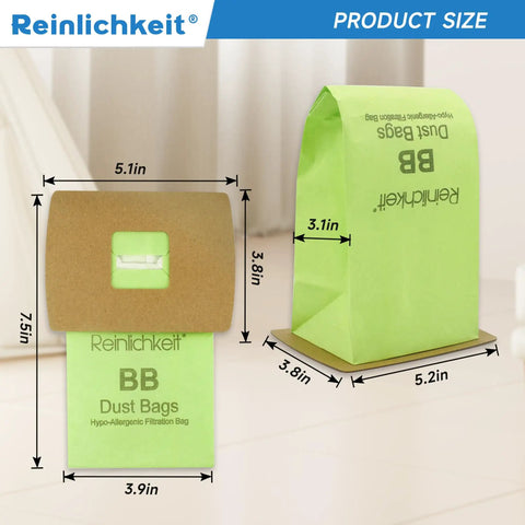 Dimensions of 20 Pack Type BB Compact Canister Vacuum Bags With 2 Motor Filters Replacement For BB180 BB280 BB850 BB870 BB900 BB1000 MV160 Fits