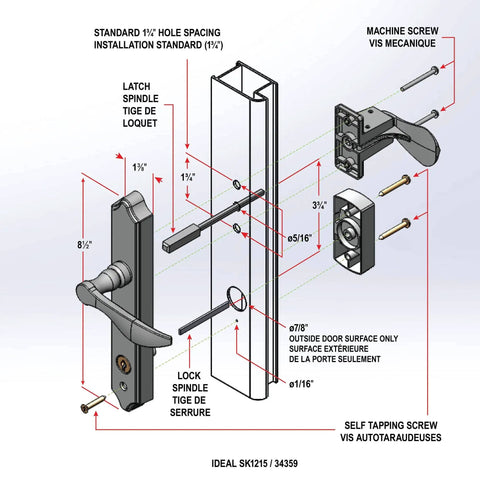Diagram of Out Swing Door Lever with Deadbolt Lock Matte Black Replacement Handle for Storm Doors Keyed Entry Not Compatible with Mortise Sets Easy Install for Exterior Doors and Surface Mounted Hardware.