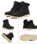 Six Inch Moc Toe Steel Toe Boots For Men Waterproof Leather Non Slip Safety Work Boots Durable Construction Western Brown US Size Nine Point Five