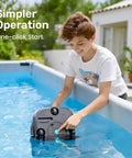 Child using LiteVac 800 Robotic Pool Cleaner With 1200 GPH Suction, 90 Minute Run Time, Self Parking, Lightweight 7.5 Lb, No Fuss Clean For Flat Above Ground Pools Up To 860 Sq Ft, Orange in a pool