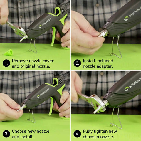 Step-by-step installation of Interchangeable Hot Glue Gun Nozzles Kit With Aluminum Tips Includes Small Round Large Round And Flat Nozzles Plus Adapter Durable Aluminum For Smooth Glue Flow Compatible With DT-360F DT-3100F L-270 H-270 DT-270 H-327F PRO2-60 DT-750 HE-750W