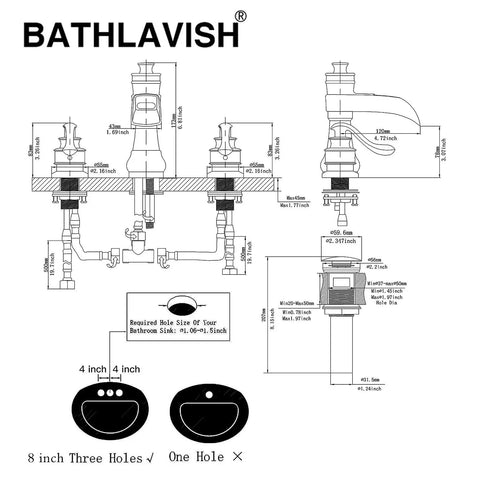 Diagram of 8 Inch Widespread Bathroom Faucet With 3 Hole Mount Two Handle Brass Waterfall Sink Faucet Polished Chrome With Pop Up Drain