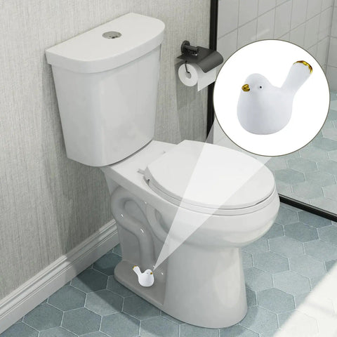 Ceramic Decorative Bird Shaped Toilet Bolt Covers 2 Pack Bathroom Hardware Upgrade Rust Free shown on standard toilet.
