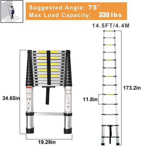 Telescoping Extension Ladder 14 Point 5 Ft Folding Aluminum Ladders Space Saving Lightweight Collapsible Step For RV Roof Attic Home 330 Lb Capacity Grab And Go Portable Design For Tight Spaces displayed folded and fully extended with dimensions and capacity highlighted