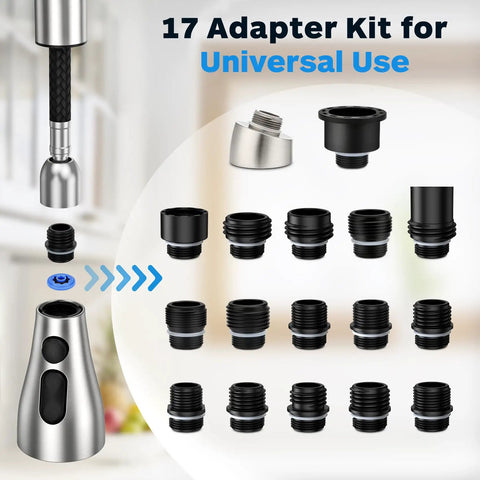 Pull Down Sprayer Head With Three Modes And 17 Adapters For Kitchen Faucets Universal Hose Fit Switch Between Stream Spray And Power Blade Water No Fuss Replacement For Kitchen Sink Sprayer Works With Moen Delta Kohler