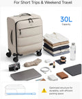 Underseat Carry On Luggage With Spinner Wheels, shown with travel essentials, softside suitcase for 2-day travel, beige color.