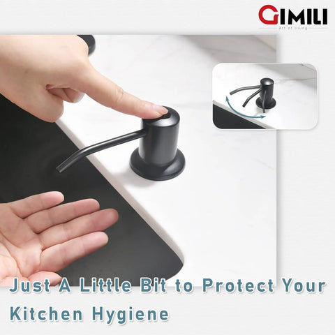 Hand using soap dispenser of Matte Black Kitchen Faucet With Soap Dispenser And Pull Down Sprayer Pro Grade Commercial Single Handle Spring Pullout Faucet For Stainless Steel Sinks That Is Built To Last And Looks Boss
