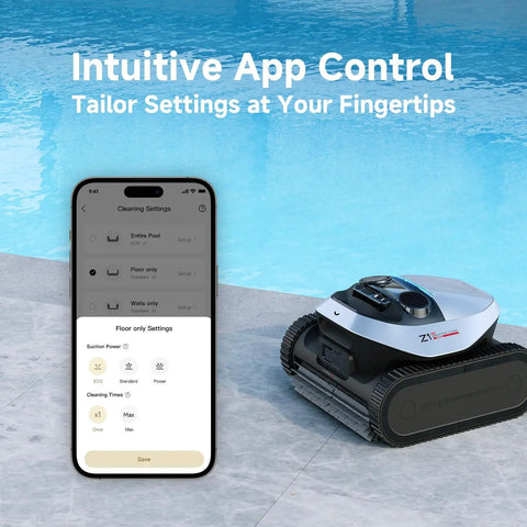Beast Cordless Robotic Pool Cleaner With LiFi And App Control next to pool with smartphone displaying app interface.