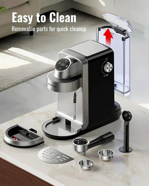 Level Up Your Daily Grind With This Solid 20 Bar Semi Auto Espresso Machine showing detachable parts for easy cleaning.