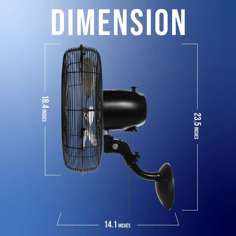 Side view of 16 Inch Pro Series Oscillating Wall Mount Fan For Industrial And Commercial Use, showing dimensions and structure.