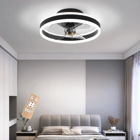 16 Inch Flush Mount Ceiling Fan With Light, Dope Low Profile Matte Black Finish, 6 Speeds, 3 Color Temperature Settings, Energy Saving LED Ring Light, Quiet Modern Ceiling Fan For Small Rooms And Living Areas in bedroom