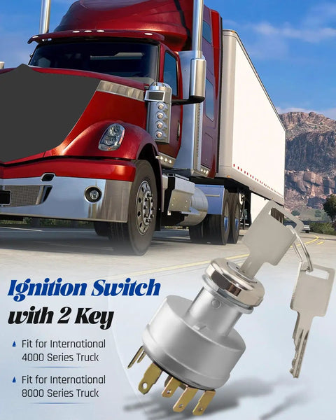 12V 30A Ignition Switch For 4000 And 8000 Series Trucks With 2 Keys, 11 Pin 4 Position Replacement displayed with red truck