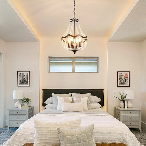 Crystal Four Light Chandelier Black Farmhouse Pendant Fixture for dining room, bedroom view, elegant lighting detail.