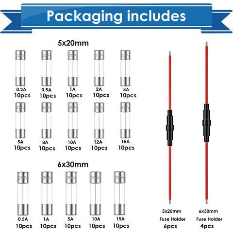 Heavy Duty Inline Fuse Holders And Fast Blow Glass Fuses Assorted Pack With 5x20mm and 6x30mm ranges, includes various fuse sizes.