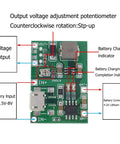 TP4056 Battery Charger Module circuit board with components, indicators, and input/output labels for quick charge and discharge.