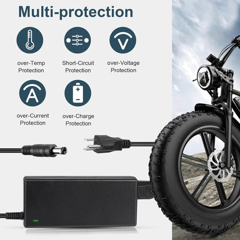 Universal 42V 2A 7-In-1 Charger For 36V Li-Ion Scooters And E-Bikes, multiple protection features, connectors, and a bike.