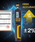 Workhorse Pro Grade Digital Torque Screwdriver With Backlit LCD, 1/4 Inch Quick Release Bit Holder, 2.6 To 70.8 In-Lb Range, 38-Piece Bit Set, ISO 6789 Certified, Two Percent Accuracy For Real World Tolerances showing calibration report and ±2% accuracy