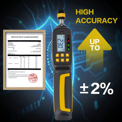 Workhorse Pro Grade Digital Torque Screwdriver With Backlit LCD, 1/4 Inch Quick Release Bit Holder, 2.6 To 70.8 In-Lb Range, 38-Piece Bit Set, ISO 6789 Certified, Two Percent Accuracy For Real World Tolerances showing calibration report and ±2% accuracy