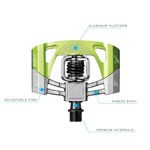 Mallet 2 MTB Pedals Raw And Green With Clip In System, labeled with aluminum platform, adjustable pins, ribbed body, premium internals.