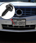 50 Piece Black License Plate Screws And Frame Fasteners Kit For Easy No Fuss Mounting Of Plates Frames And Covers Durable Steel Construction For Cars And Trucks shown on vehicle