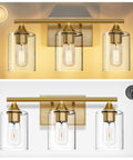 Three Light Vanity Light Fixtures Matte Black Finish With Clear Glass Shades Farmhouse Style Wall Lamp for Bathroom Mirror Kitchen Bedroom Living Room showing bulbs lit and unlit.