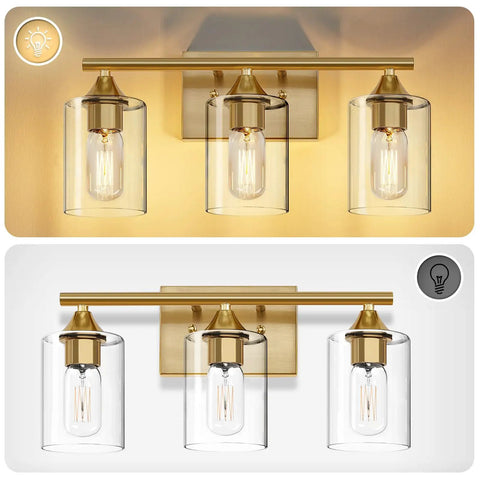Three Light Vanity Light Fixtures Matte Black Finish With Clear Glass Shades Farmhouse Style Wall Lamp for Bathroom Mirror Kitchen Bedroom Living Room showing bulbs lit and unlit.