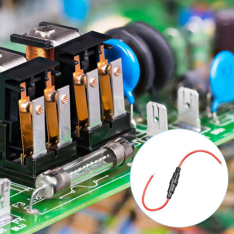 Premium Grade 5 Pack Inline Screw Type Fuse Holders With Color Coded Red Wire And Top Shelf 5 Amp Fast Blow Glass Fuses For Rock Solid Automotive Circuit Protection on circuit board.