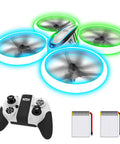 Kids Drone With Altitude Hold And Headless Mode Quad Copter With Neon Blue And Green Lights Propeller Guards Two Batteries And Remote