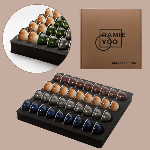 Your Go-To Coffee Capsule Drawer Organizer That Holds 36 Pods for Nespresso Vertuo Vertuoline Capsules on display with packaging