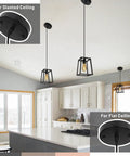 Black Modern Industrial Farmhouse 3-Light Ceiling Chandelier in kitchen, open geometric frame, adjustable for slanted ceiling.