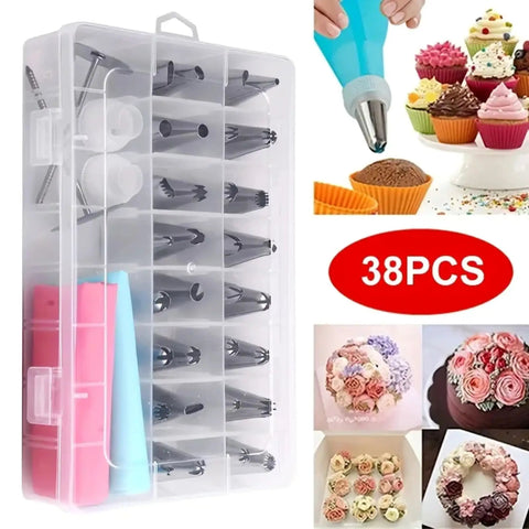 All In One Cake Decorating Kit 38 Piece Set With 32 Piping Tips Quick Change Couplers Reusable Silicone Bags And Nails Beginner Friendly Guide For Easy Borders Flowers And Edges In Minutes shown in packaging