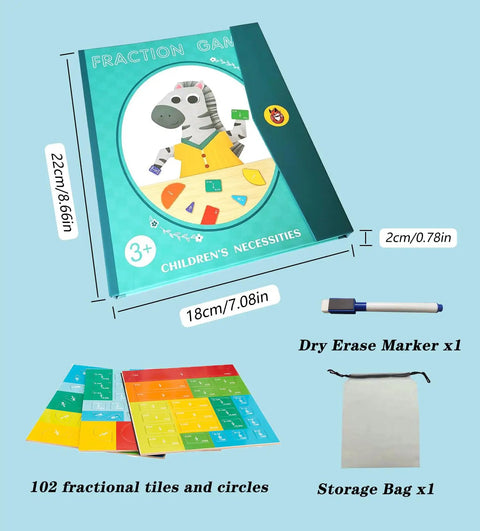 Fraction Puzzle Tiles And Circles Magnetic Score Disk Demonstrator with storage bag and dry erase marker.