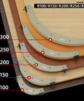 Boss Level Router Radius Template Set With Removable Jig For Flawless Edge Rounding R100 R150 R200 R250 R300 showing five curve templates stacked.
