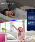 Child waking up in bedroom with 150Ft LED Strip Lights Kit With App Control And IR Remote, RGB Color Changing displayed on phone.