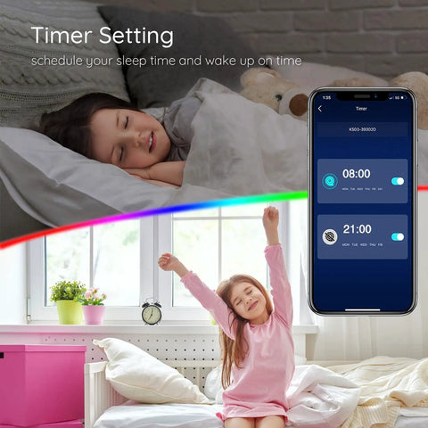Child waking up in bedroom with 150Ft LED Strip Lights Kit With App Control And IR Remote, RGB Color Changing displayed on phone.