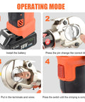Step-by-step operating mode for the Rechargeable Electric Hydraulic Crimping Tool demonstrating battery installation and crimping process.