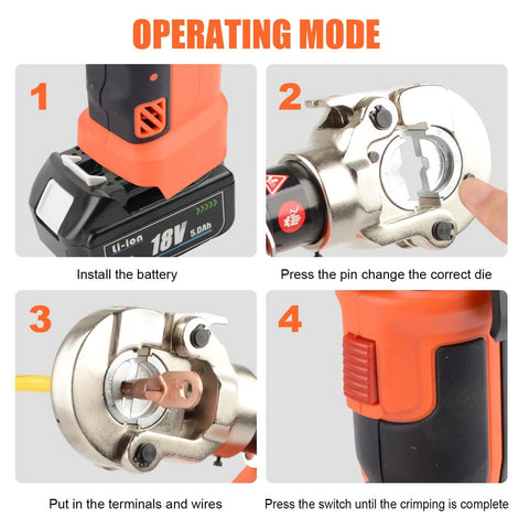 Step-by-step operating mode for the Rechargeable Electric Hydraulic Crimping Tool demonstrating battery installation and crimping process.