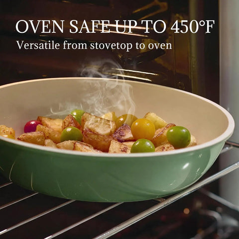 Nonstick Ceramic Cookware Set Eight Piece With Detachable Handle Induction Ready Pots And Pans Oven Safe shown in oven