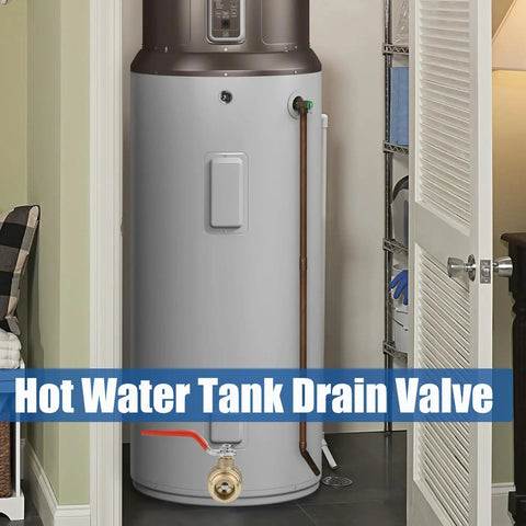 Lead Free Brass Water Heater Drain Valve With Three Quarter Inch MIP To Three Quarter Inch Male GHT Connection Full Port High Flow Up To 250 PSI installed on water heater.