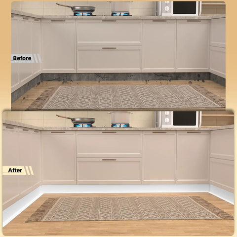 Before and after kitchen renovation with 5 Inch Peel And Stick Vinyl Baseboard Trim 20 Feet Flexible Cove Baseboard Molding.